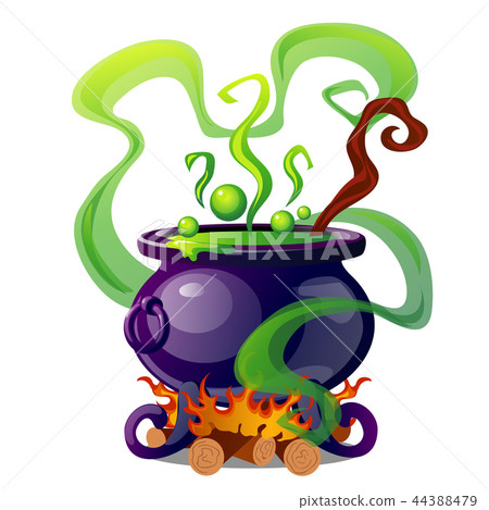 Steel cauldron with boiling green magic potion isolated on white background. Sketch for a poster or 44388479