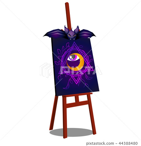An easel with a terrible drawing of an open eye isolated on white background. Sketch for a poster or 44388480