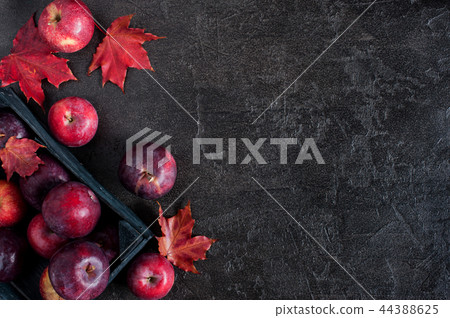 Black background with autumn red apples and leaves Black background with autumn red apples and leaves 44388625
