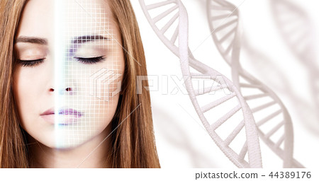 Technological scanning of face of young woman among DNA stems. 44389176