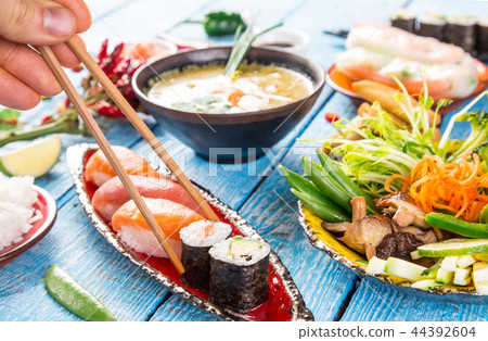 Various of asian meals on rustic background , top view , place for text. 44392604