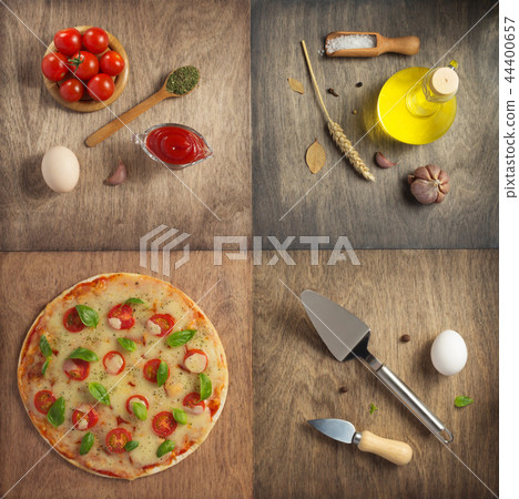 pizza and food ingredients at wooden table 44400657