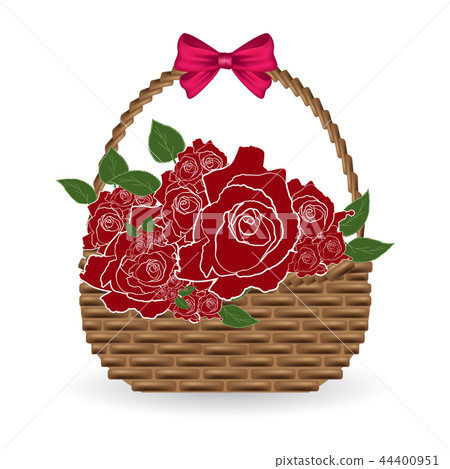 basket and red rose with bow vector on white basket and red rose with bow vector on white 44400951
