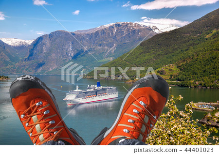Ship with hiking boots in fjord, Flam,Norway 44401023
