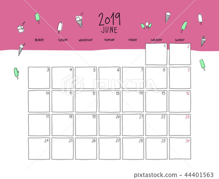 June 2019 wall calendar. Doodle style. 44401563