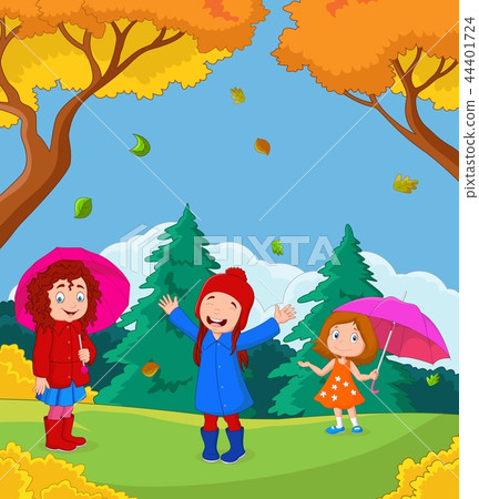 Cartoon happy kid playing with autumn background Cartoon happy kid playing with autumn background 44401724
