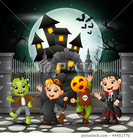Cartoon happy kids with Halloween background Cartoon happy kids with Halloween background 44401770