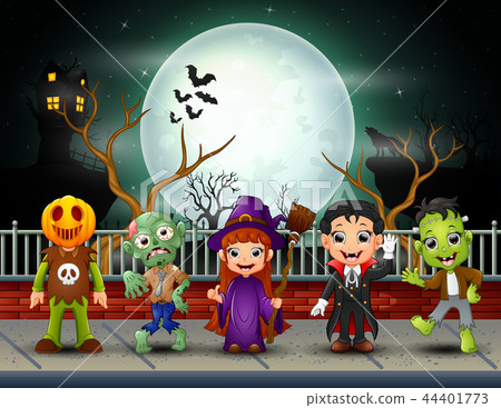 Happy halloween kids in full moon background - Stock Illustration ...