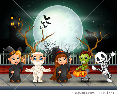 Happy halloween kids in full moon background - Stock Illustration ...