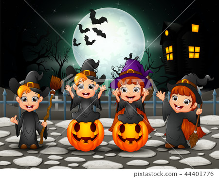 Happy halloween kids in full moon background - Stock Illustration ...