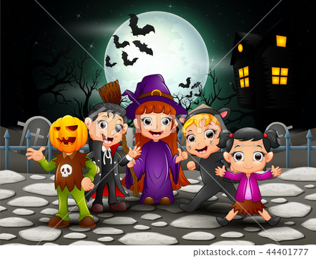 Happy Halloween Kids In Full Moon Background Stock Illustration 44401777 Pixta