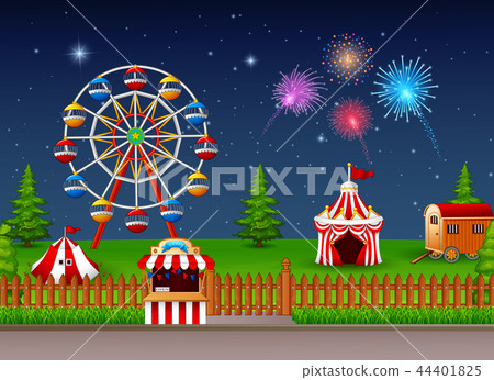 Amusement park landscape at night with fireworks - Stock Illustration ...