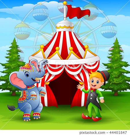 Circus elephant and green elf on the circus tent b Circus elephant and green elf on the circus tent b 44401847