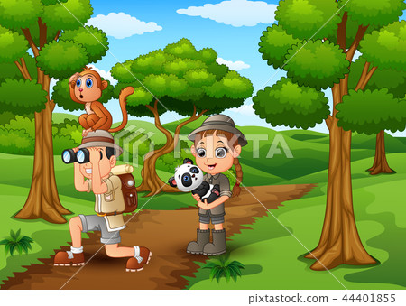 Zookeeper boy and girl with animals in the jungle Zookeeper boy and girl with animals in the jungle 44401855