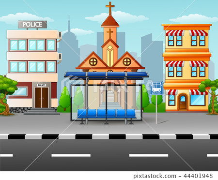 City scene with bus stop and building 44401948