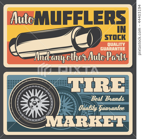 Car mufflers and tire market, vector 44403194
