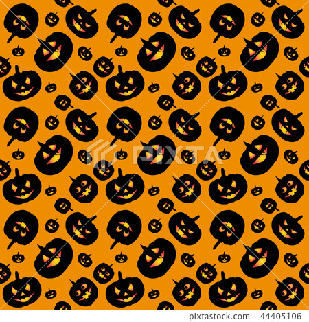 Halloween pattern of many angry black pumpkins on orange background. Halloween pattern of many angry black pumpkins on orange background. 44405106