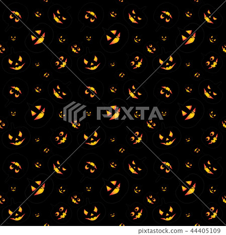 Pattern of many orange eyes of angry faces of pumpkins in darkness. 44405109