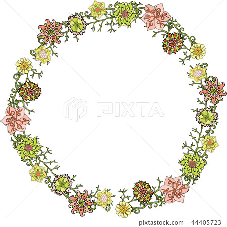 Wreath with green pink and yellow flowers Wreath with green pink and yellow flowers 44405723
