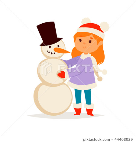 Christmas kid girl vector character playing winter games winter children holidays christmas snowman 44408029