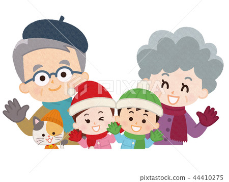 Grandparents with grandson and pet cat winter clothes 44410275