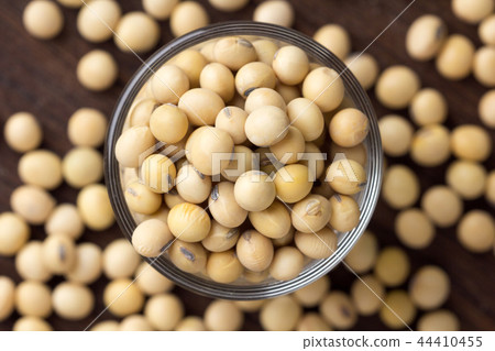 soybean in glass cups on wooden. top view soybean in glass cups on wooden. top view 44410455