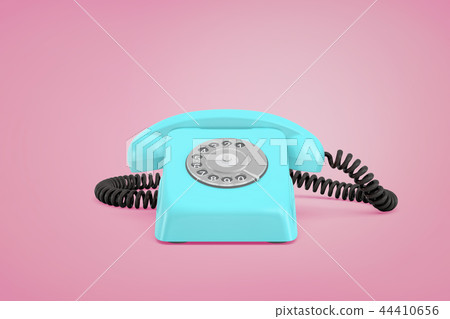 3d rendering of a blue retro rotary phone with a receiver on a cord stands on a pink background. 44410656