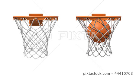 3d rendering of two basketball nets with orange hoops, one empty and one with a ball falling inside. 3d rendering of two basketball nets with orange hoops, one empty and one with a ball falling inside. 44410708