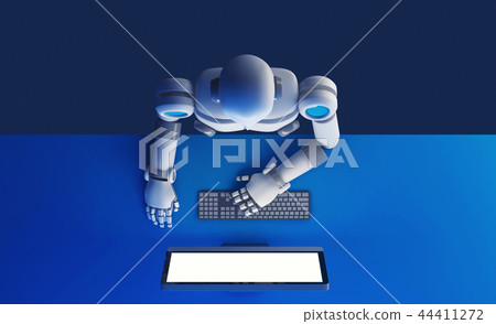 Top view of robot using a computer monitor with blank screen iso 44411272