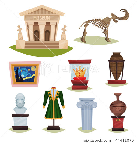 Flat vector set of museum exhibits. Mammoth skeleton, ceramic vases, clothes, golden crown, famous Flat vector set of museum exhibits. Mammoth skeleton, ceramic vases, clothes, golden crown, famous 44411879