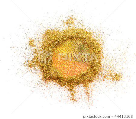 A circle of gold glitter on a white background with a fluorescent center. A circle of gold glitter on a white background with a fluorescent center. 44413168