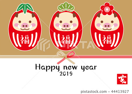 2019年新年卡片模板Dharma Tototo和Mizuhiki金色背景水平位置 44413927