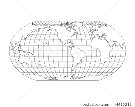 World Map in Robinson Projection with meridians and parallels grid. Americas centered. White land 44415211