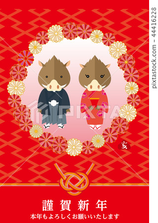 New Year's card material: Japanese pattern Chrysanthemum box rule 2019 Boar family illustration material Red New Year's card template 44416228
