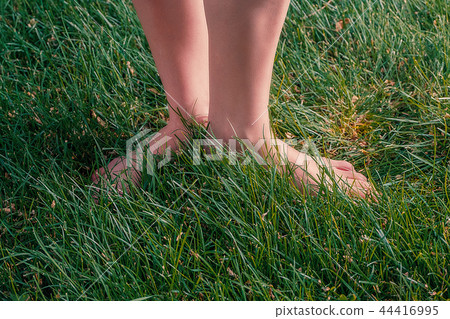 Nature Health Energy Concept, Barefoot Girl Standing On Grass Nature Health Energy Concept, Barefoot Girl Standing On Grass 44416995
