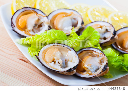 Close up of tasty raw dog cockle, lemon and greens at plate 44423848