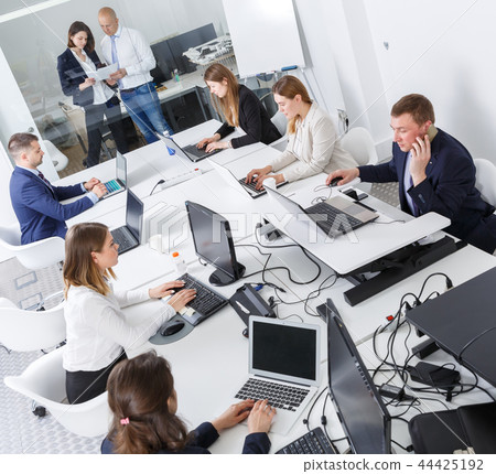 High-angle view of business people working and communicating together High-angle view of business people working and communicating together 44425192
