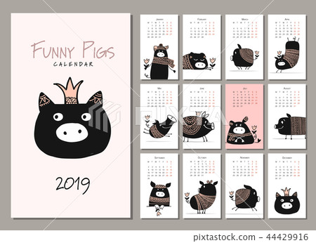 Funny pigs, symbol 2019. Calendar design 44429916