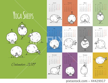 Morning yoga sheeps, calendar 2019 design Morning yoga sheeps, calendar 2019 design 44429917