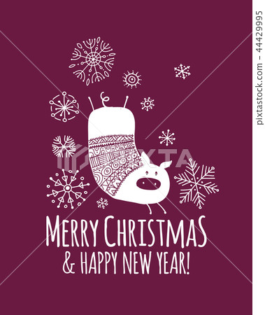 Christmas card with funny pig, symbol of 2019 year for your design Christmas card with funny pig, symbol of 2019 year for your design 44429995
