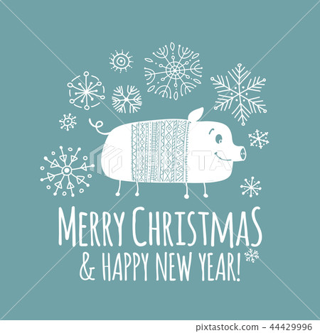 Christmas card with funny pig, symbol of 2019 year for your design 44429996