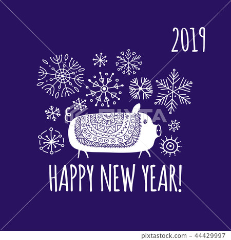 Christmas card with funny pig, symbol of 2019 year for your design Christmas card with funny pig, symbol of 2019 year for your design 44429997