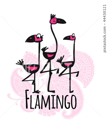 Cute flamingos on floral background, sketch for your design Cute flamingos on floral background, sketch for your design 44430121