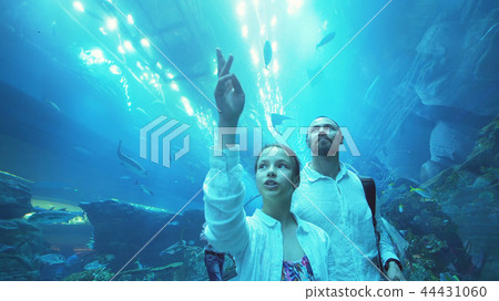 Teenage girl with Dad amusingly watching the fish in Aquarium 44431060