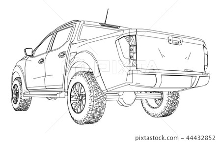 Commercial vehicle delivery truck with a double cab. Machine without insignia with a clean empty Commercial vehicle delivery truck with a double cab. Machine without insignia with a clean empty 44432852