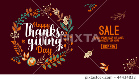 Hand drawn Happy Thanksgiving typography in autumn wreath banner. Celebration text with berries and 44434838