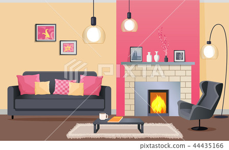Interior Design Of Cozy Living Room With Fireplace ภาพประกอบสต Interior Design Of Cozy Living Room