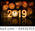 new year 2019 fireworks with clock face 44436359
