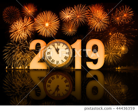 new year 2019 fireworks with clock face 44436359