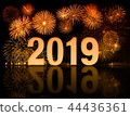 new year 2019 fireworks with clock face 44436361